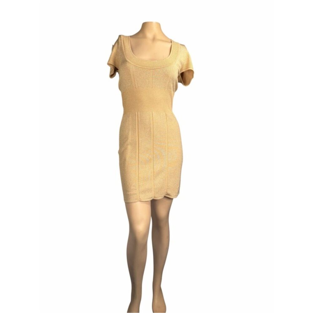 Bebe Gold Knit Stretchy Bodycon Dress Size Large